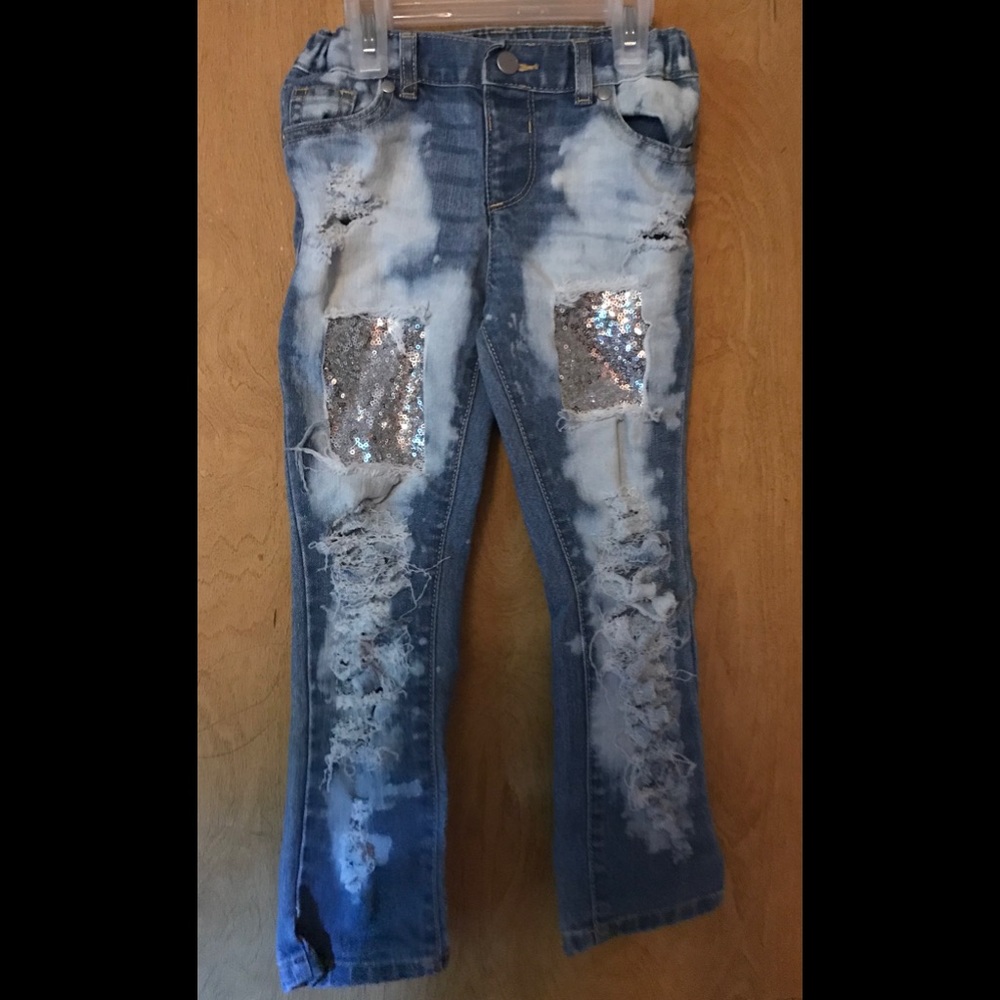 Silver sequin distressed denim